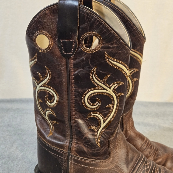 Old West Leather Cowboy Boots Child Youth Broad Square Toe Brown BSY1807 Sz 1.0D - Picture 2 of 11